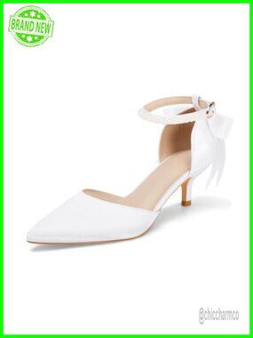 Pearl Ankle Strap Bow Kitten Heels Satin Wedding Pumps